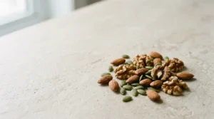Poignée d'amandes, noix et graines de courge sur fond naturel minimaliste illustrant les sources d'oléagineux riches en magnésium et zinc