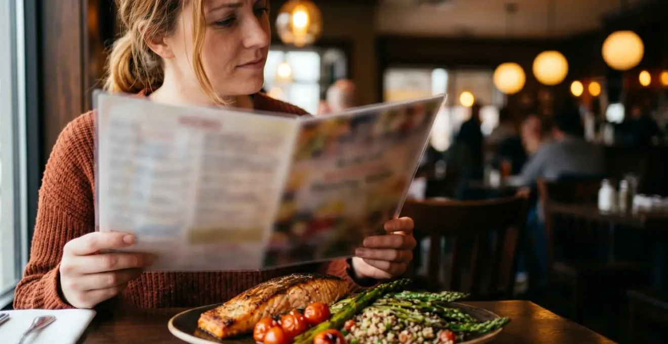 Vue intimiste d'une personne dans un restaurant faisant des choix alimentaires réfléchis pour maximiser son apport en protéines