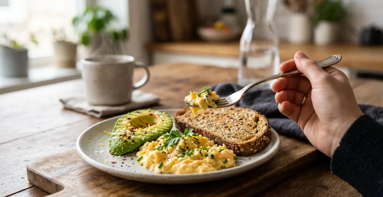 Petit-déjeuner équilibré avec œufs brouillés, avocat et une seule tranche de pain complet pour stabiliser la glycémie