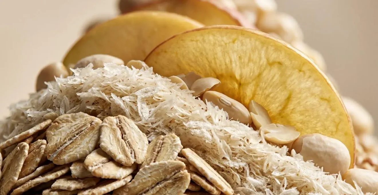 Gros plan texturé sur des sources naturelles de fibres solubles disposées en composition pyramidale