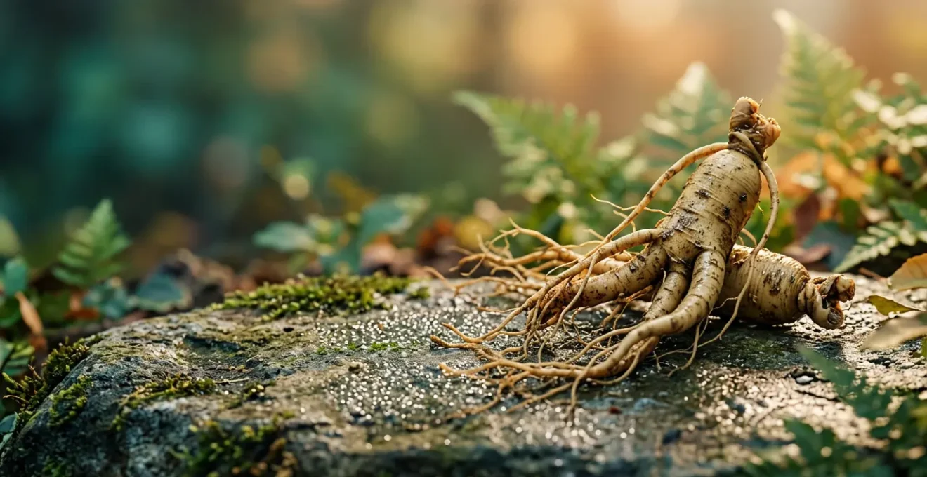 Racine de ginseng fraîche sur une surface naturelle évoquant l'énergie et la vitalité
