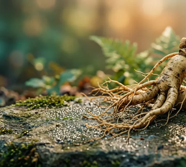 Racine de ginseng fraîche sur une surface naturelle évoquant l'énergie et la vitalité