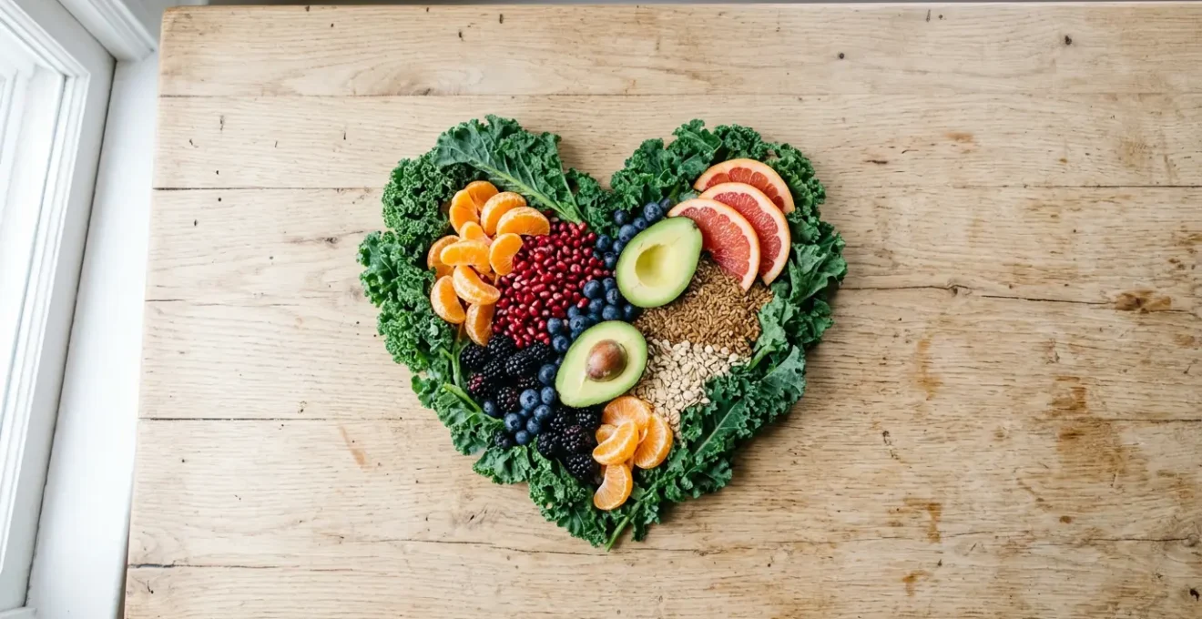 Composition minimaliste illustrant la santé cardiovasculaire et la nutrition équilibrée pour réduire le cholestérol