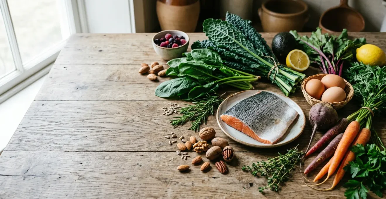 Composition culinaire mettant en scène des aliments du régime paléo disposés harmonieusement sur une surface naturelle