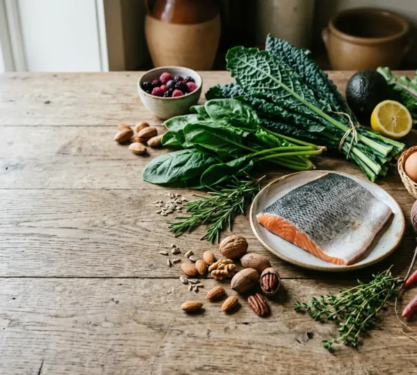 Composition culinaire mettant en scène des aliments du régime paléo disposés harmonieusement sur une surface naturelle