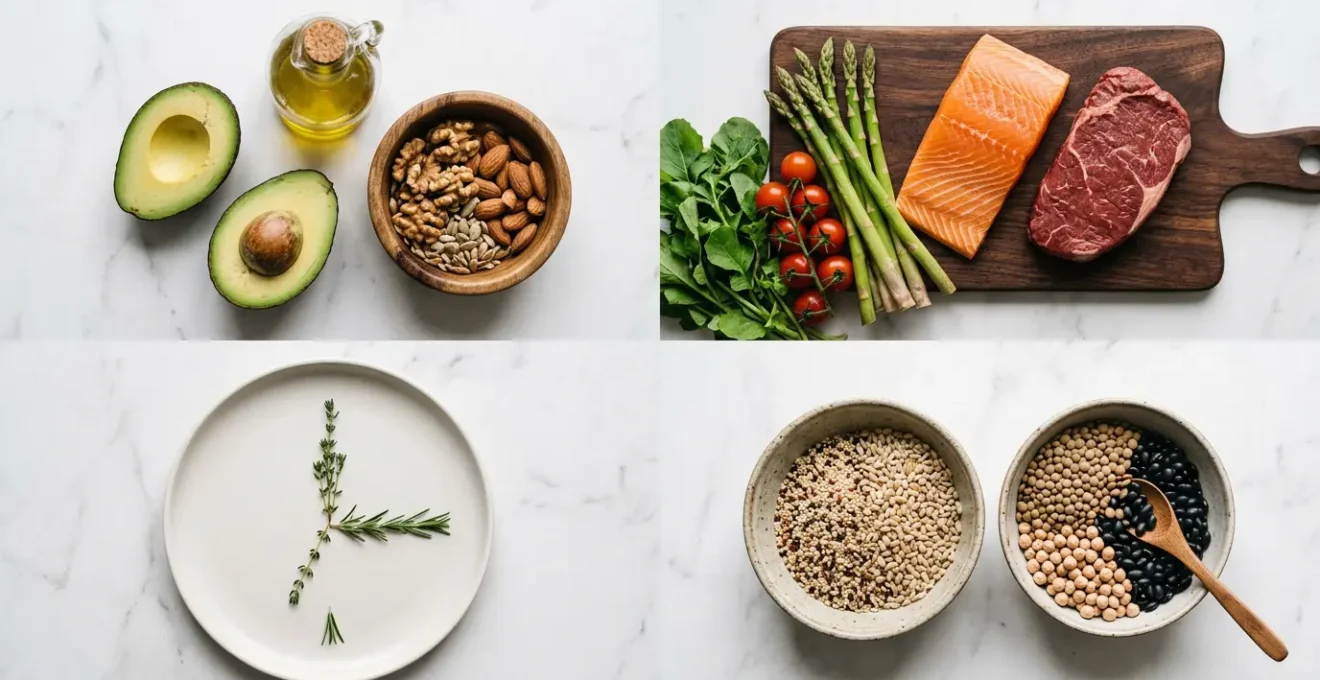 Représentation visuelle comparative des quatre approches nutritionnelles : régime cétogène, paléo, jeûne intermittent et index glycémique bas pour l'équilibre métabolique