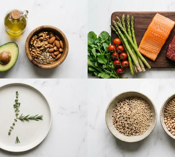 Représentation visuelle comparative des quatre approches nutritionnelles : régime cétogène, paléo, jeûne intermittent et index glycémique bas pour l'équilibre métabolique