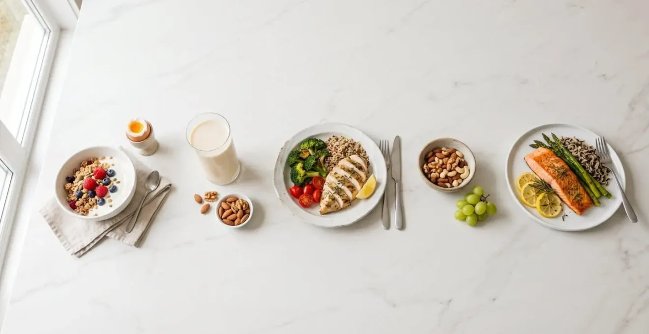 Organisation spatiale de cinq repas protéinés répartis harmonieusement sur une surface minimaliste représentant une journée alimentaire structurée