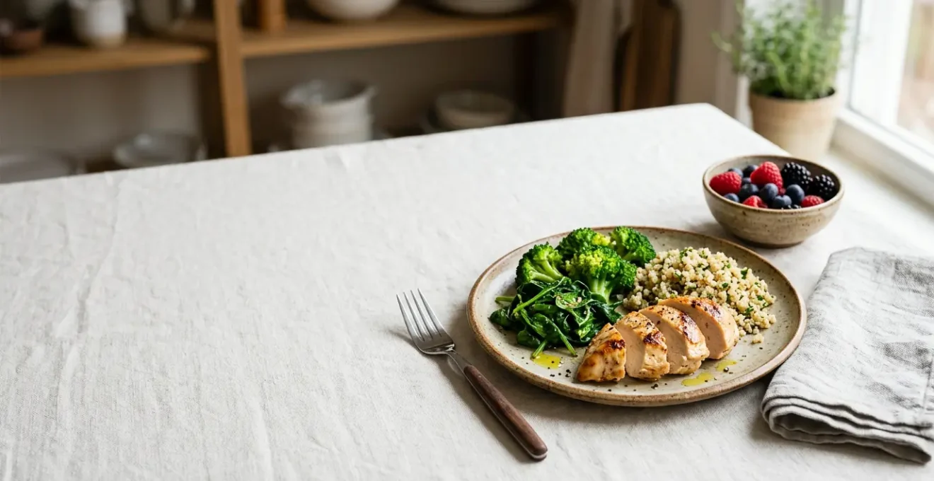 Assiette equilibree et coloree de repas a indice glycemique bas avec legumes frais proteines et cereales completes illustrant le plaisir gustatif