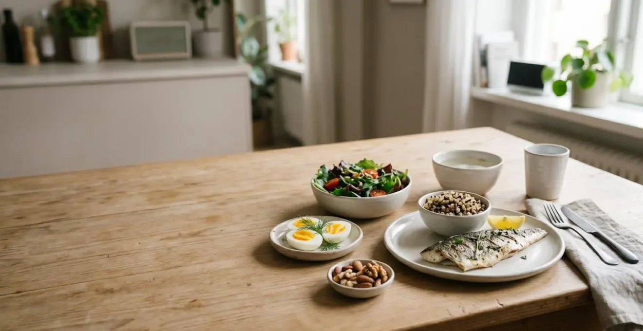 Scène contemplative d'un repas équilibré riche en protéines dans un environnement minimaliste