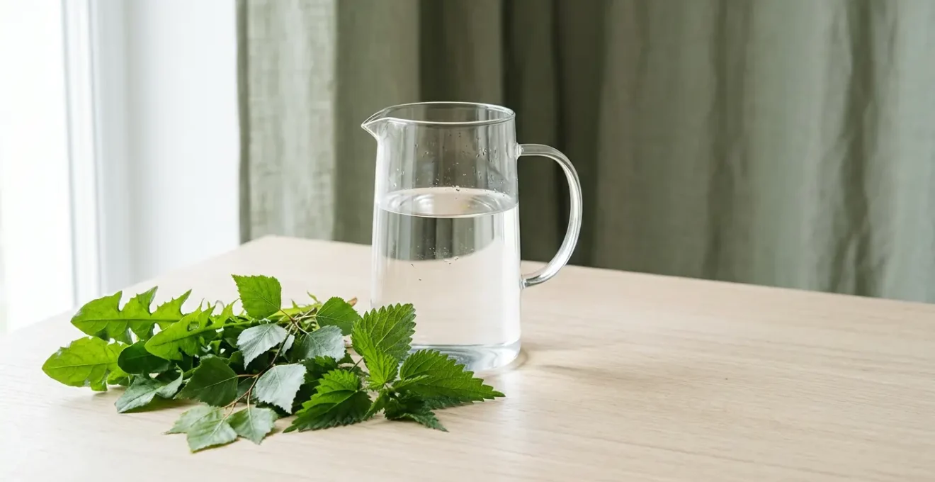 Composition naturelle évoquant le bien-être et le drainage avec des plantes médicinales fraîches et de l'eau pure