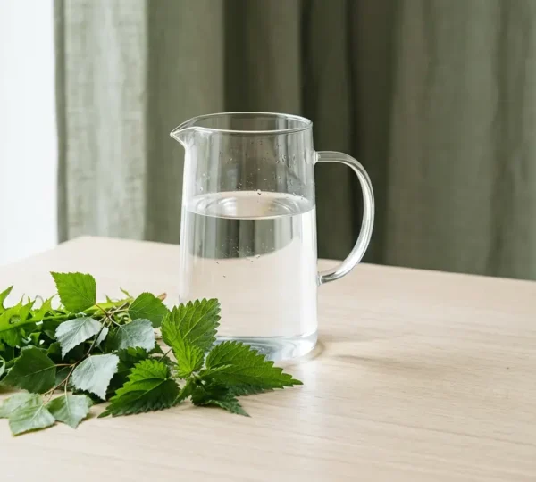 Composition naturelle évoquant le bien-être et le drainage avec des plantes médicinales fraîches et de l'eau pure