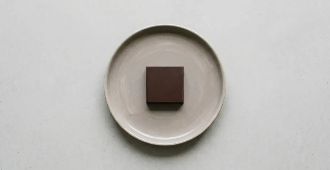 Un unique carré de chocolat noir posé sur une assiette, symbolisant la dégustation en pleine conscience et la modération.