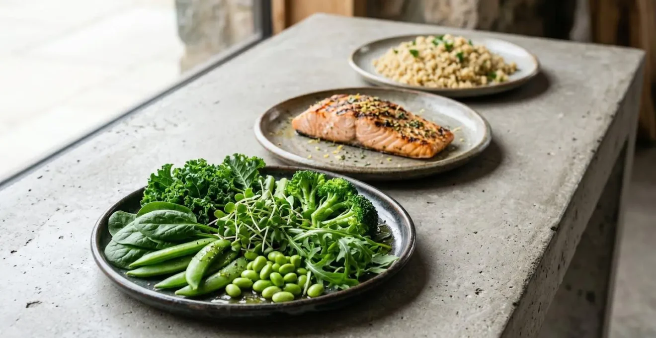 Représentation visuelle du séquençage optimal d'un repas équilibré avec légumes en premier plan, protéines au centre et glucides en arrière-plan