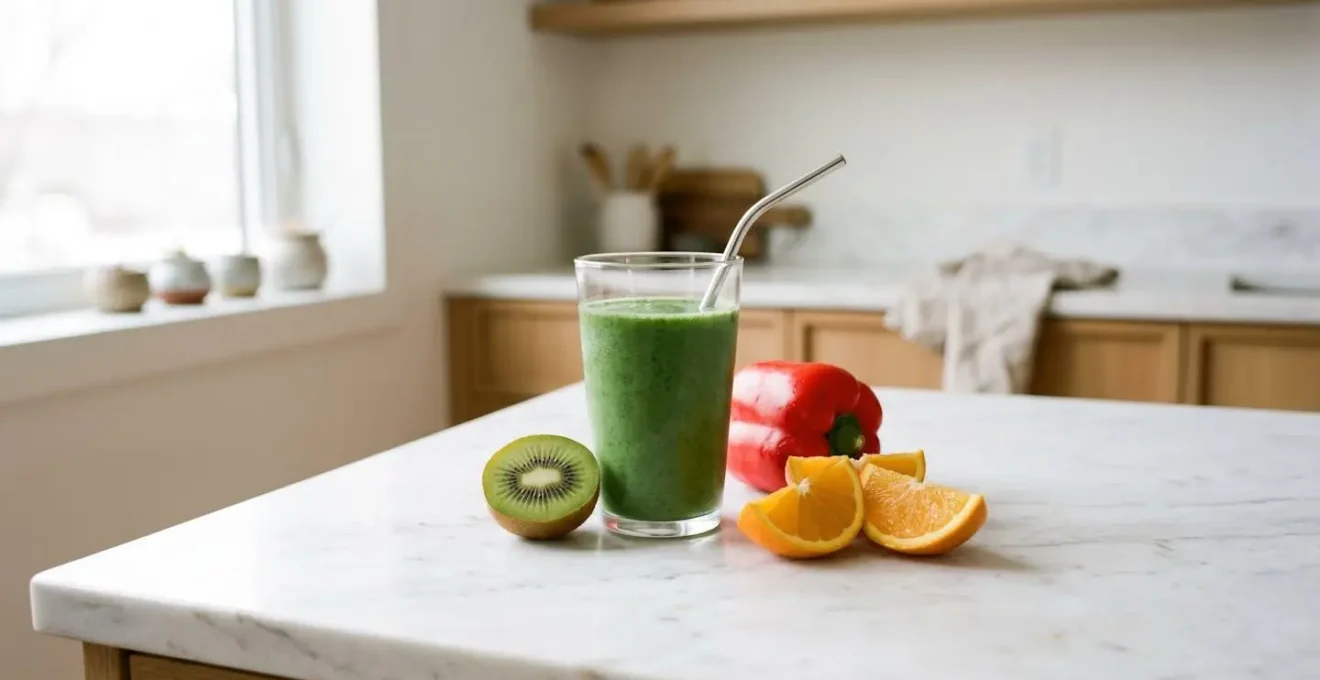 Smoothie matinal avec spiruline et fruits riches en vitamine C pour maximiser l'absorption du fer