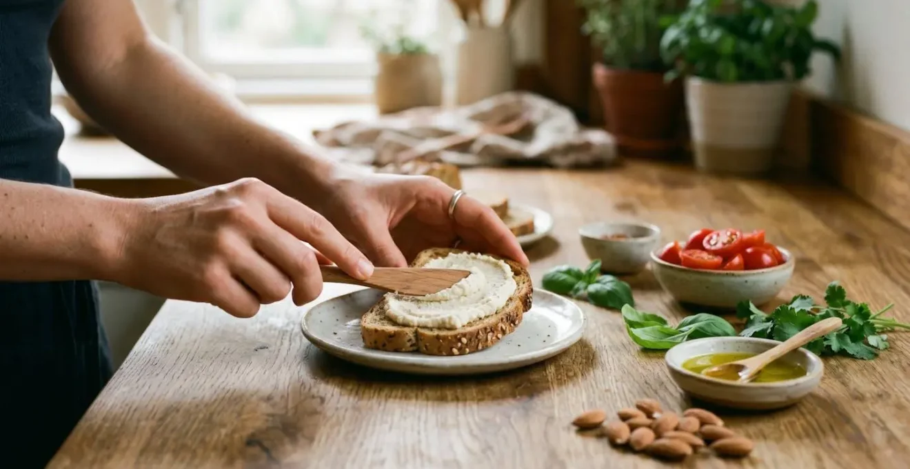 Scène culinaire minimaliste présentant des alternatives saines aux graisses saturées dans un environnement lumineux