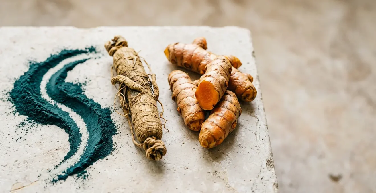 Composition naturelle évoquant la synergie entre spiruline, ginseng et curcuma pour la vitalité