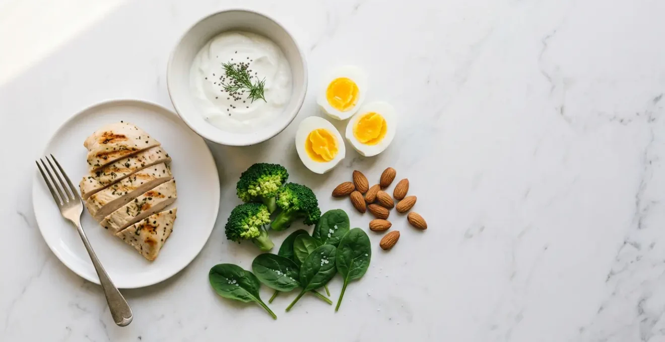 Composition culinaire minimaliste montrant des aliments proteines pour eviter le grignotage entre les repas