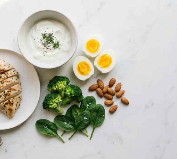 Composition culinaire minimaliste montrant des aliments proteines pour eviter le grignotage entre les repas