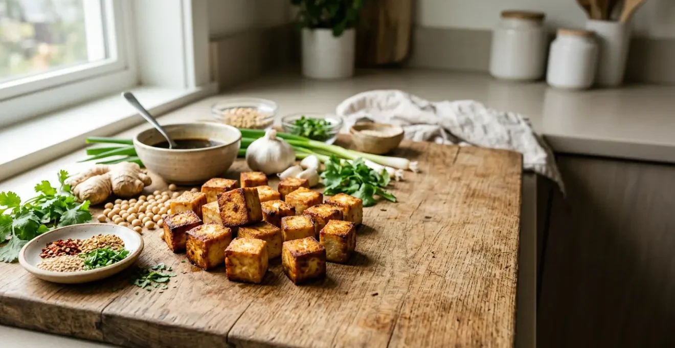 Cubes de tofu ferme dorés et croustillants, marinés et prêts à être cuisinés, sur une planche en bois avec des épices et ingrédients