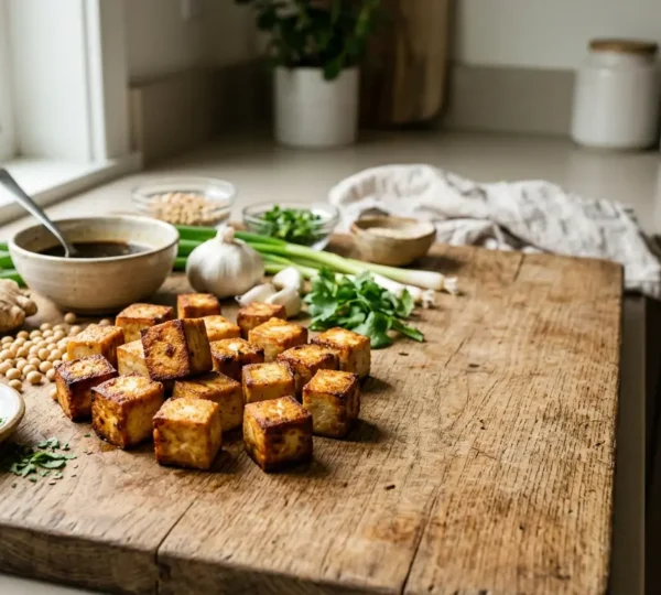 Cubes de tofu ferme dorés et croustillants, marinés et prêts à être cuisinés, sur une planche en bois avec des épices et ingrédients
