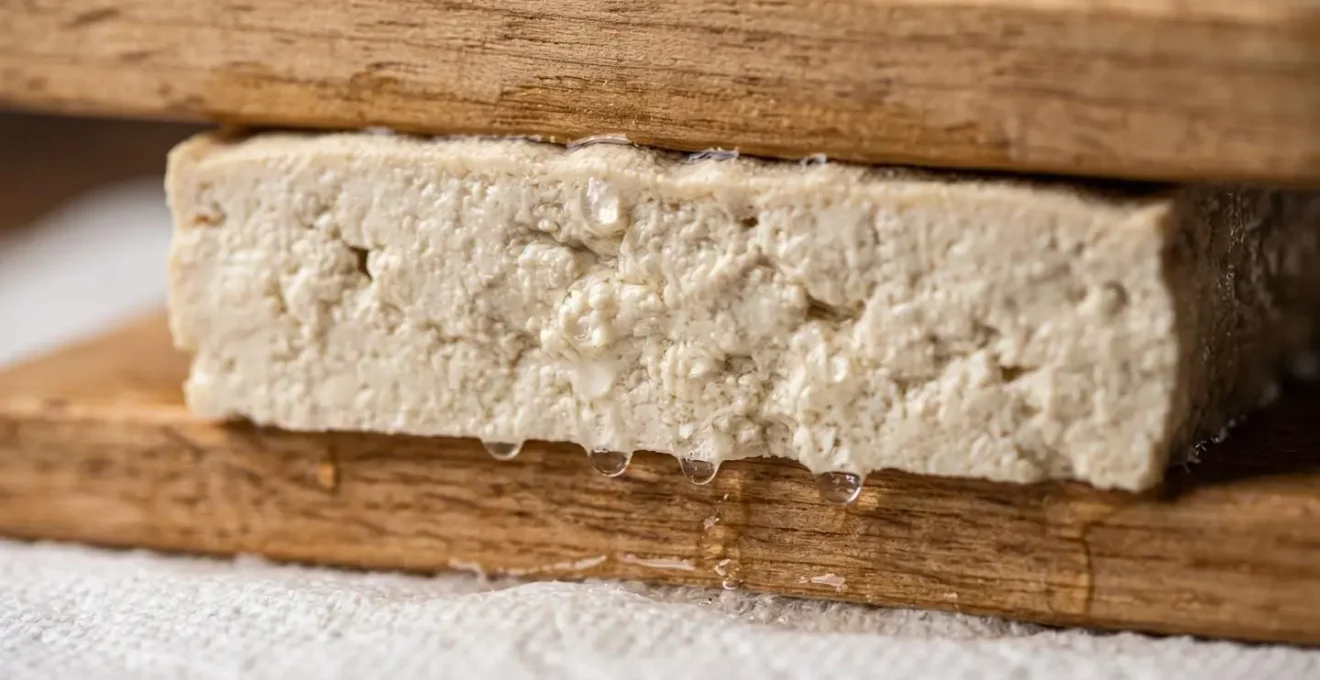 Bloc de tofu ferme pressé entre deux planches en bois avec un poids, illustrant la technique essentielle de pressage avant marinade
