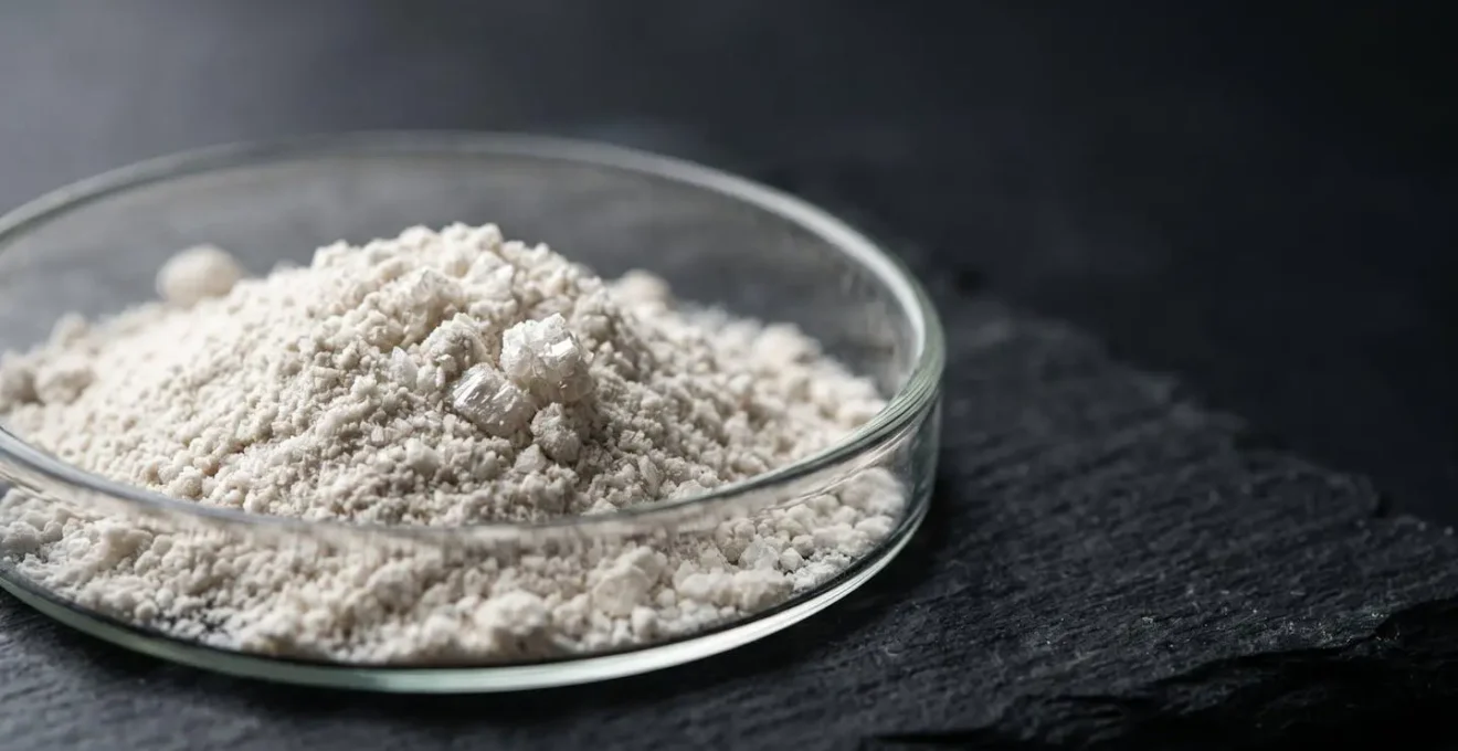 Mise en scène macro détaillant la pureté et la texture d'une poudre de complément alimentaire de haute qualité